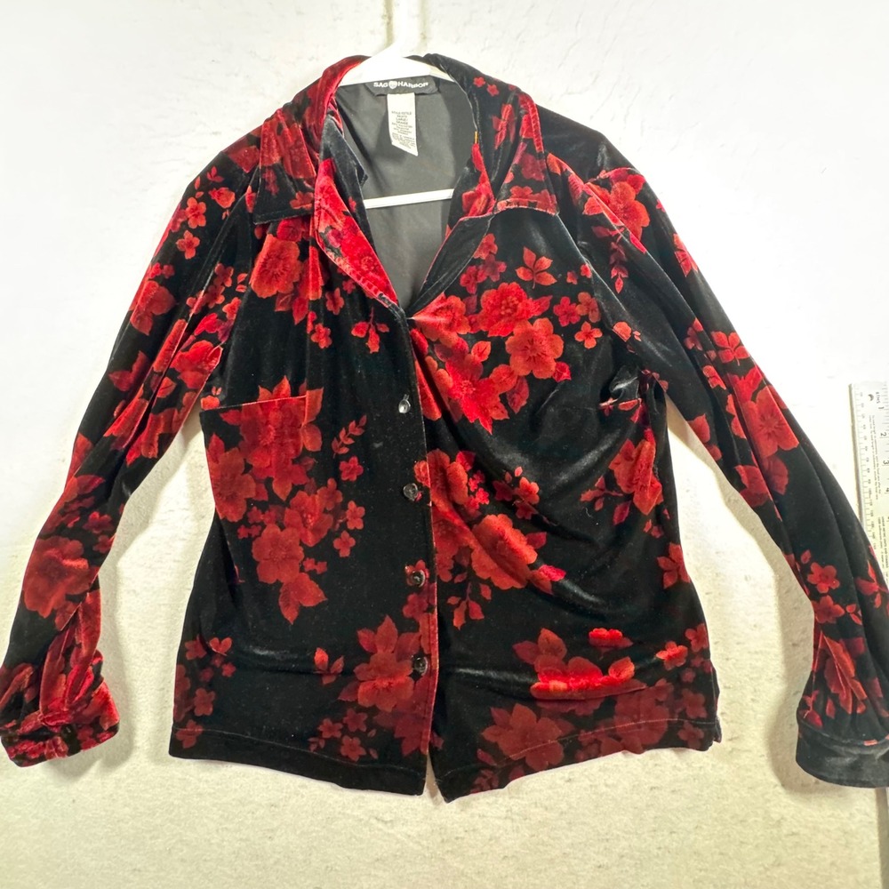 VTG Y2K Button Up Shirt Women Large Black Red Floral Velvet Goth Whimsigoth - Picture 10 of 10